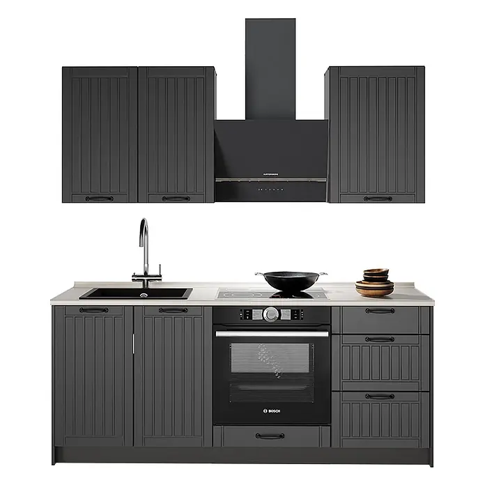 Vicco Singleküche - Breite: 190 cm, Dunkelgrau, Mit AP Marmor - Dunkelgraue Küchenschrank-Set mit Spüle, Induktionskochfeld, Backofen und Dunstabzugshaube.