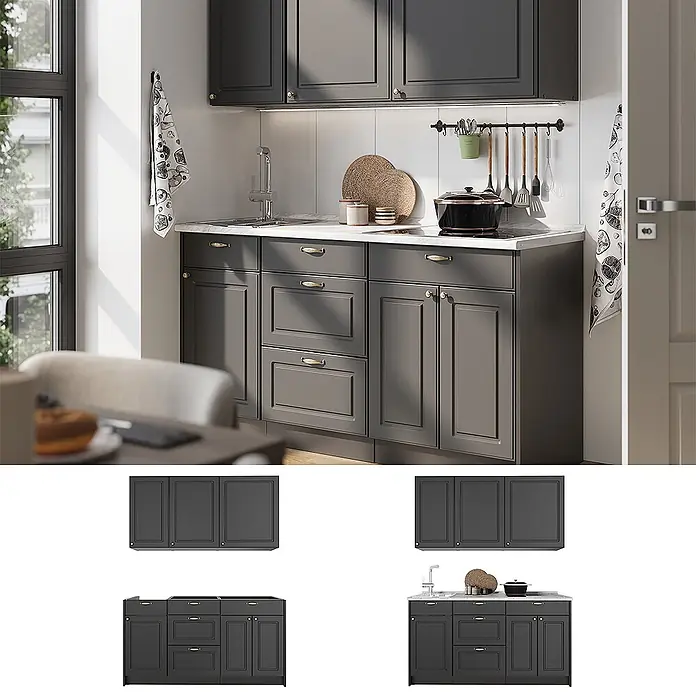 Vicco Singleküche - Breite: 150 cm, Anthrazit-Gold Landhaus, Mit AP Marmor - Dunkelgraue Küchenschränke mit goldenen Griffen, integrierter Spüle und Kochfeld in moderner Küche.