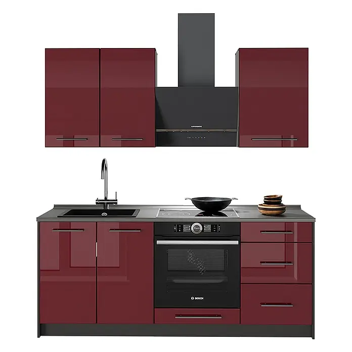 Vicco Singleküche - Bordeaux Hochglanz, Mit AP Marmor - Moderne Kompaktküche mit hochglanzroten Schränken, schwarzem Einbauherd, Kochfeld, Spüle und Dunstabzugshaube.