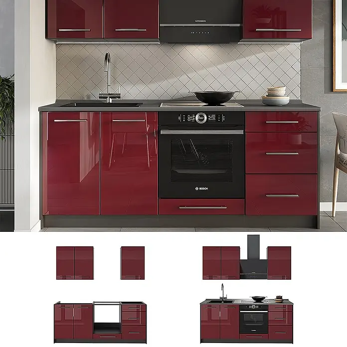 Vicco Singleküche - Bordeaux Hochglanz, Mit AP Marmor - Moderne rote Hochglanzküche mit schwarzen Geräten und Arbeitsplatte, in einer Küche installiert.