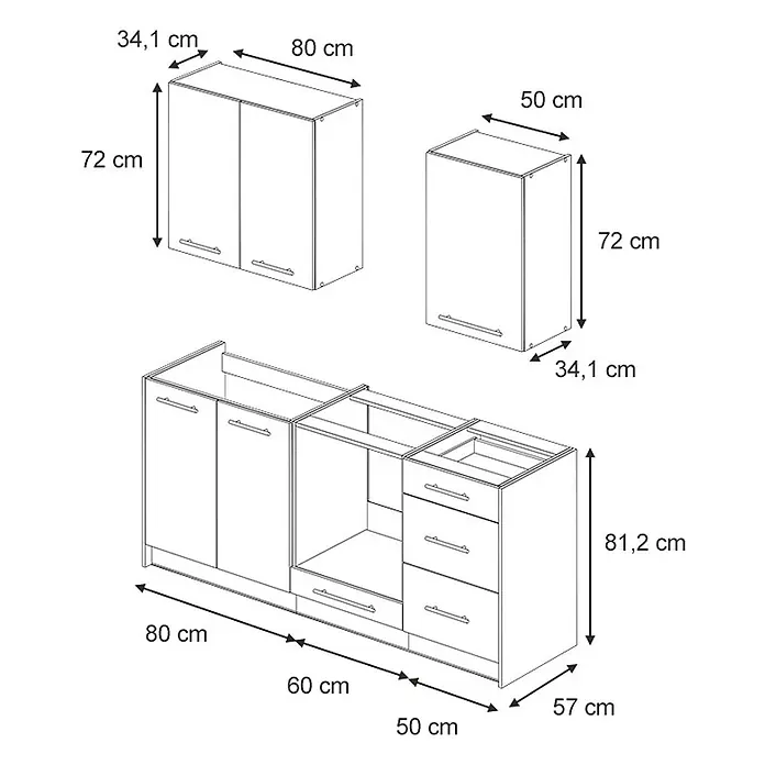 Vicco Singleküche - Breite: 190 cm, Weiß Landhaus, Ohne AP - Linienzeichnung eines modularen Küchenschrank-Sets in Weiß, mit verschiedenen Maßen für Unter- und Oberschränke.