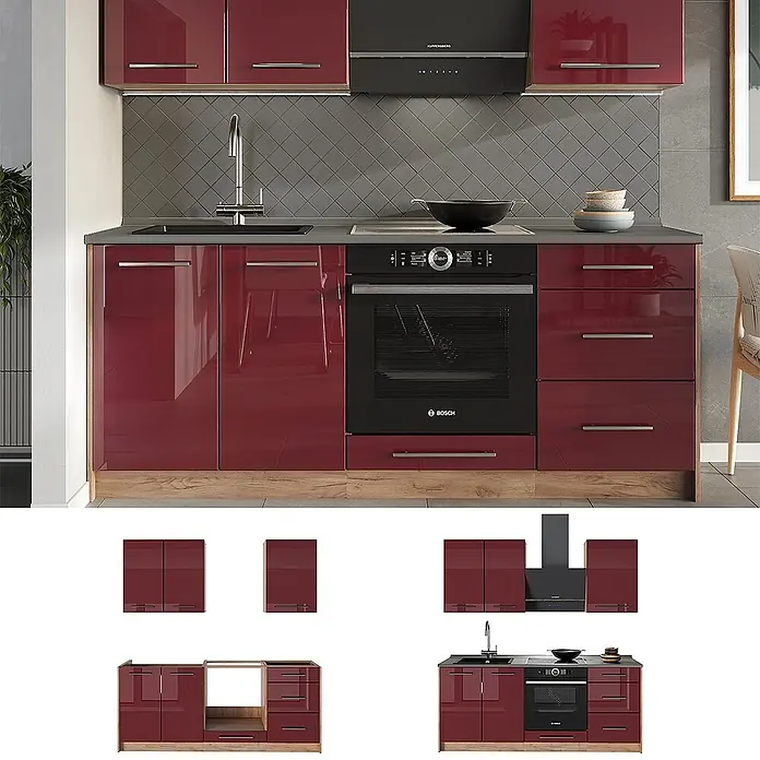 Vicco Singleküche - Bordeaux Hochglanz, Ohne AP - Hochglänzende bordeauxrote Küche mit Holzdekor-Sockel, Einbauherd, Spüle und Schränken.