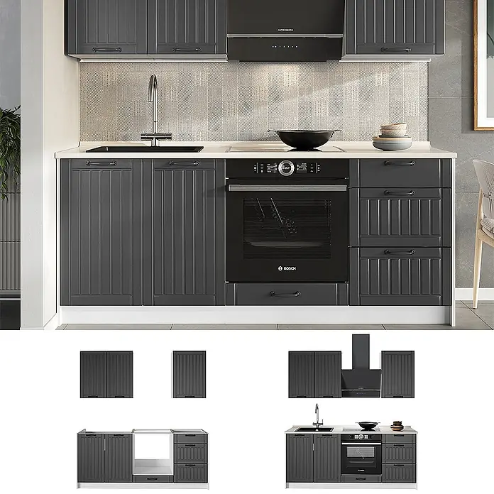 Vicco Singleküche - Breite: 190 cm, Dunkelgrau, Mit AP Eiche - Dunkelgraue Küchenschrankgarnitur mit integriertem Backofen, Spüle und Dunstabzugshaube, in einer modernen Küche.