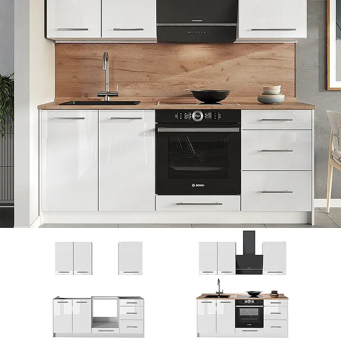 Vicco Singleküche - Weiß Hochglanz, Mit AP Eiche - Weiße Hochglanz-Küchenzeile mit Holz-Arbeitsplatte, Rückwand und integrierten schwarzen Geräten: Backofen, Spüle und Dunstabzugshaube.
