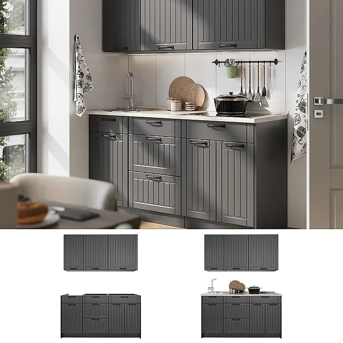 Vicco Singleküche - Breite: 150 cm, Dunkelgrau, Mit AP Marmor - Dunkelgraue Küchenschränke mit Paneeltüren und dunklen Griffen, in einer Küche mit Spüle und Kochfeld installiert.