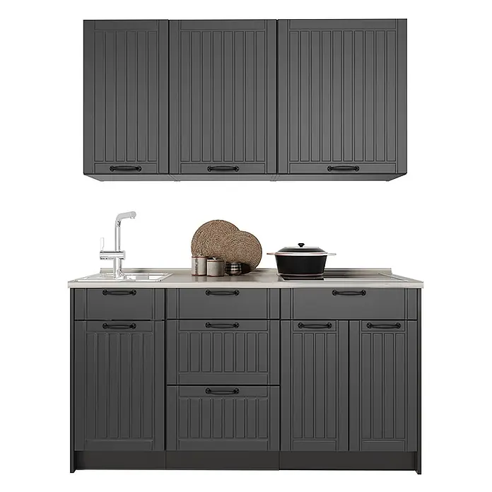 Vicco Singleküche - Breite: 150 cm, Dunkelgrau, Mit AP Marmor - Dunkelgraue Küchenschränke mit vertikalen Paneelen, schwarzen Griffen, Spüle und Kochfeld.