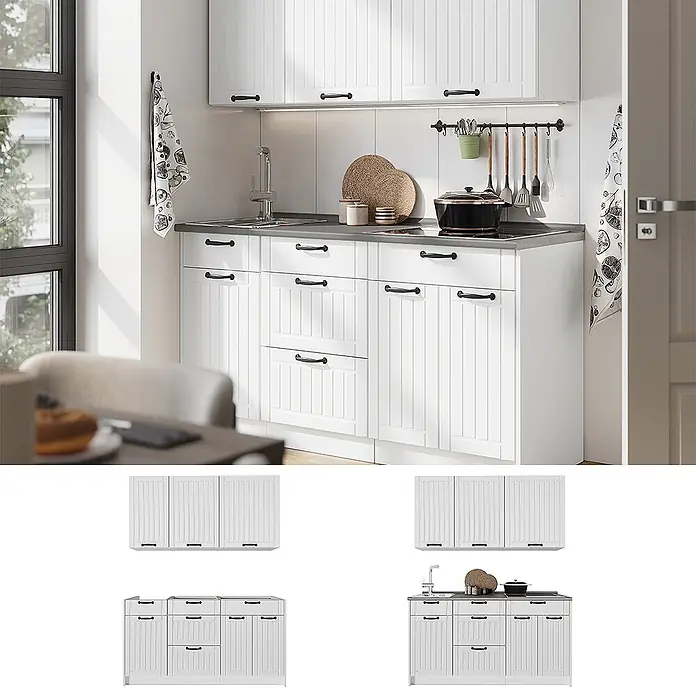 Vicco Singleküche - Breite: 150 cm, Weiß Landhaus, Mit AP Marmor - Weiße Küchenzeile mit Lamellentüren und schwarzen Griffen. Enthält Ober-/Unterschränke, Spüle und Kochfeld, ideal für moderne Küchen.