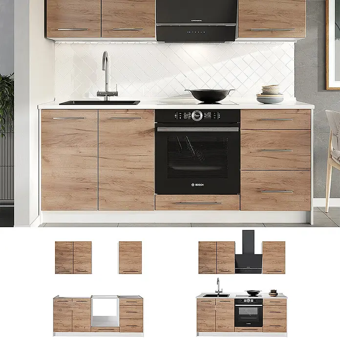 Vicco Singleküche - Goldkraft Eiche, Mit AP Anthrazit - Moderne Küche mit hellen Holzschränken, weißer Arbeitsplatte, schwarzer Spüle, Backofen und Dunstabzugshaube.