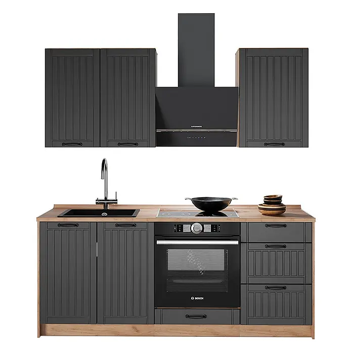 Vicco Singleküche - Breite: 190 cm, Dunkelgrau, Mit AP Anthrazit - Moderne dunkelgraue Küchenzeile mit Holzdetails, schwarzen Geräten (Dunstabzug, Kochfeld, Backofen), Spüle und Schubladen.