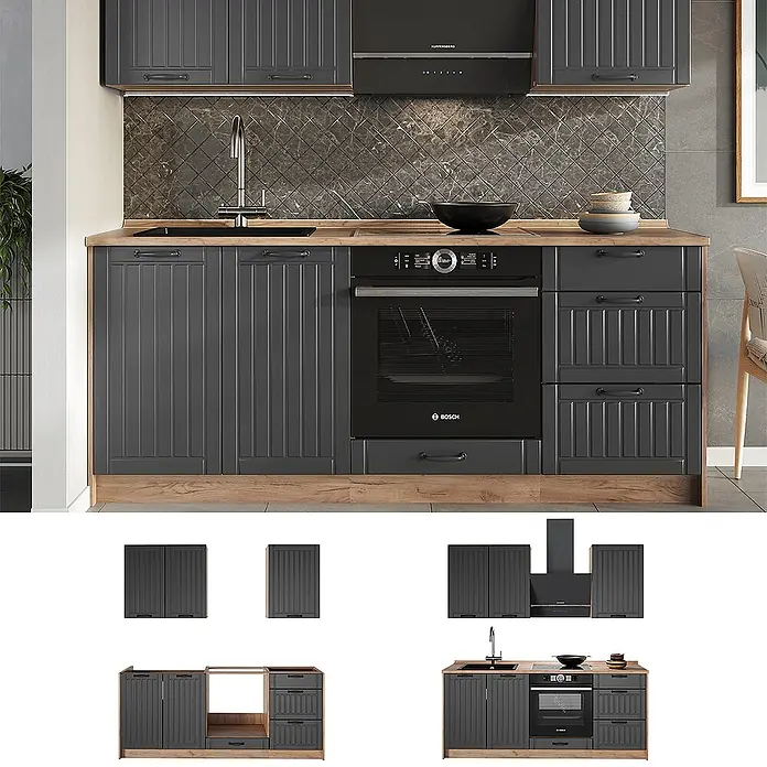 Vicco Singleküche - Breite: 190 cm, Dunkelgrau, Mit AP Anthrazit - Dunkelgraue Küchenzeile mit geriffelten Schränken und heller Holzoptik-Arbeitsplatte, inklusive integriertem Backofen, Kochfeld und Spüle.