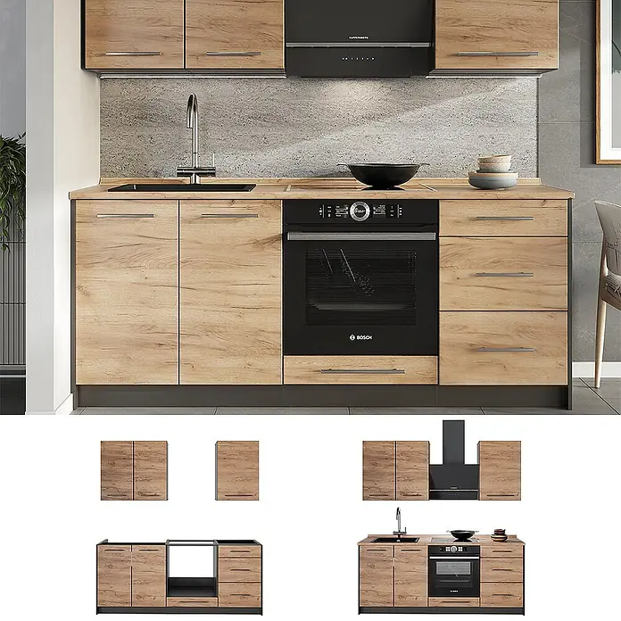 Vicco Singleküche - Goldkraft Eiche, Ohne AP - Moderne modulare Küchenzeile mit hellen Holzschränken, schwarzen Geräten, Einbaubackofen und Spüle.