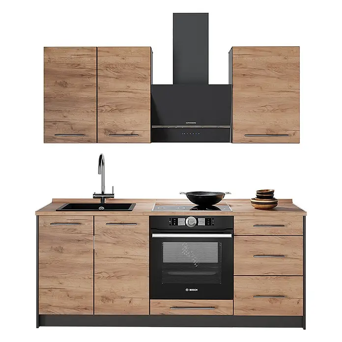 Vicco Singleküche - Goldkraft Eiche, Ohne AP - Komplette Küchenzeile mit Holzdekor-Schränken, integriertem schwarzem Backofen, Kochfeld, Dunstabzugshaube und Spüle.