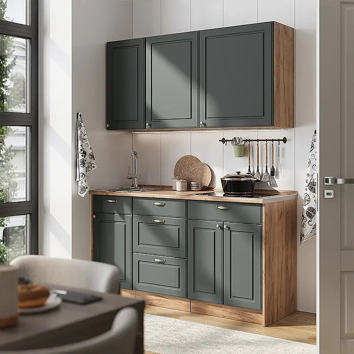 Vicco Singleküche - Breite: 150 cm, Grün-Gold Landhaus, Mit AP Eiche - Kompakte Küchenzeile mit dunkelgrünen Schränken, Arbeitsplatte aus Holz, Spüle und Kochfeld.