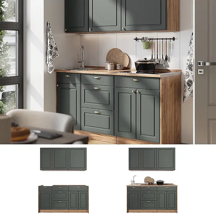 Vicco Singleküche - Breite: 150 cm, Grün-Gold Landhaus, Mit AP Eiche - Dunkelgraue Küchenschränke mit Holz-Arbeitsplatte, integrierter Spüle und Kochfeld in moderner Küche.