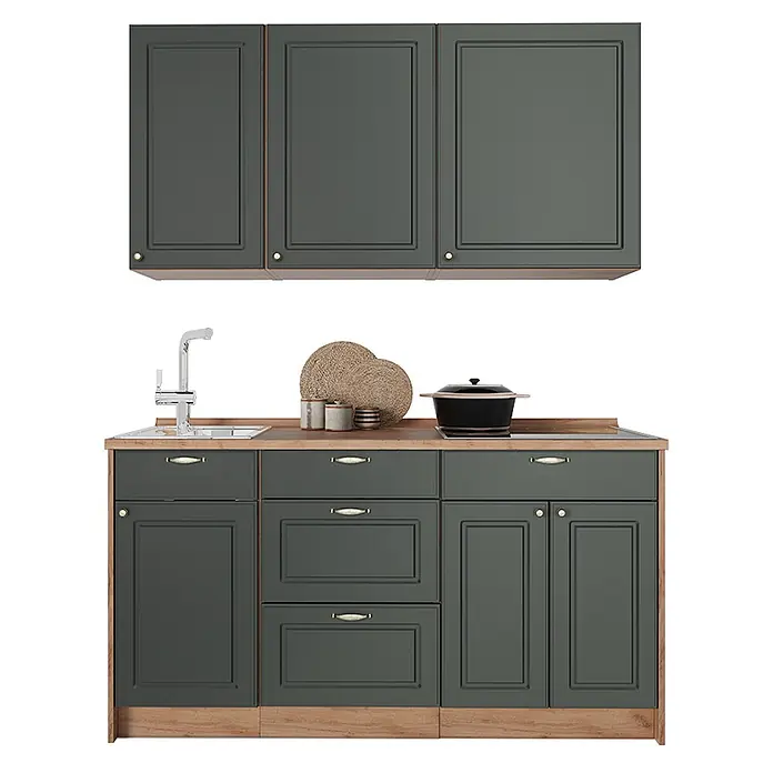 Vicco Singleküche - Breite: 150 cm, Grün-Gold Landhaus, Mit AP Eiche - Dunkelgraue Küchenzeile mit Holzoptik-Arbeitsplatte, Spüle und Kochfeld, mit Kassettentüren und Schubladen.