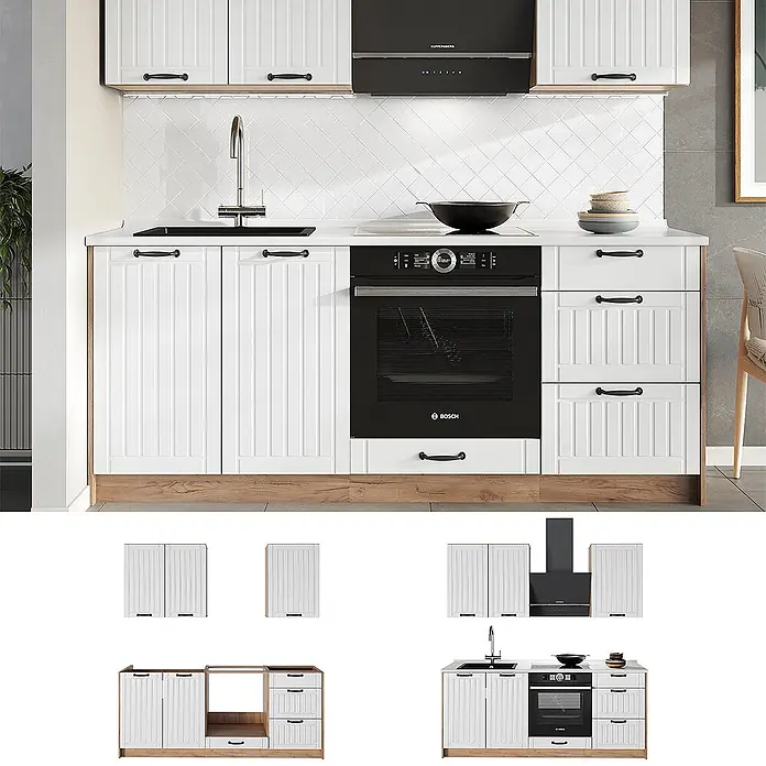 Vicco Singleküche - Breite: 190 cm, Weiß Landhaus, Mit AP Anthrazit - Weiße Küchenschränke mit schwarzen Griffen, einer schwarzen Spüle, Backofen und Dunstabzugshaube, auf einem Holzsockel.