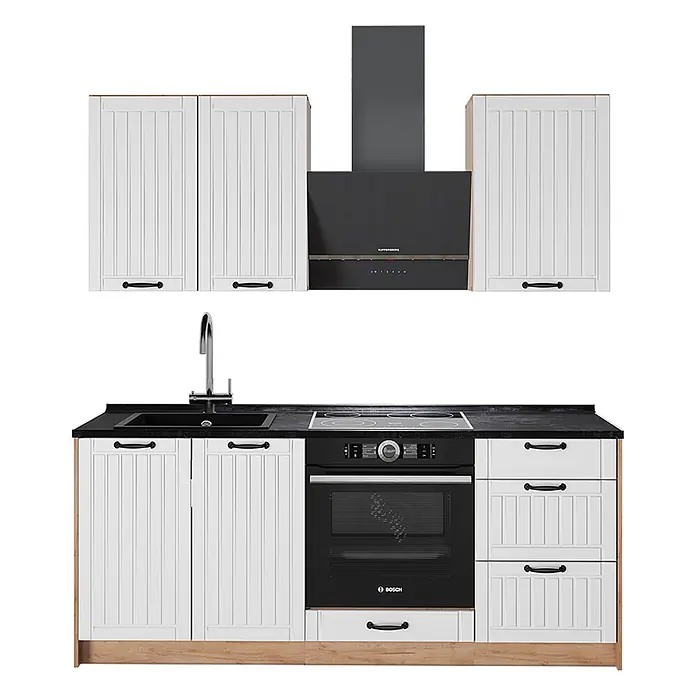 Vicco Singleküche - Breite: 190 cm, Weiß Landhaus, Mit AP Anthrazit - Weißes Küchenset mit Lamellenschränken, schwarzen Griffen, schwarzer Arbeitsplatte, Spüle, Wasserhahn, Induktionskochfeld, Backofen, Dunstabzugshaube. Heller Holzsockel.