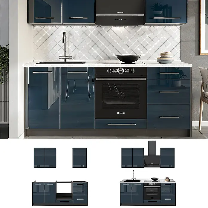 Vicco Singleküche - Dunkelblau Hochglanz, Ohne AP - Moderne, hochglänzende dunkelblaue Küchenzeile mit integriertem Backofen, Spüle und Dunstabzugshaube, mit eleganten Schränken und Schubladen.