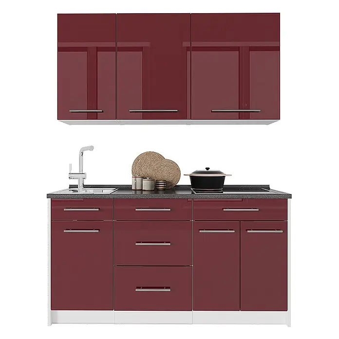 Vicco Singleküche - Breite: 150 cm, Bordeaux Hochglanz, Mit AP Eiche - Hochglanz-Bordeauxküchenzeile mit Ober- und Unterschränken, Spüle und Kochfeld.
