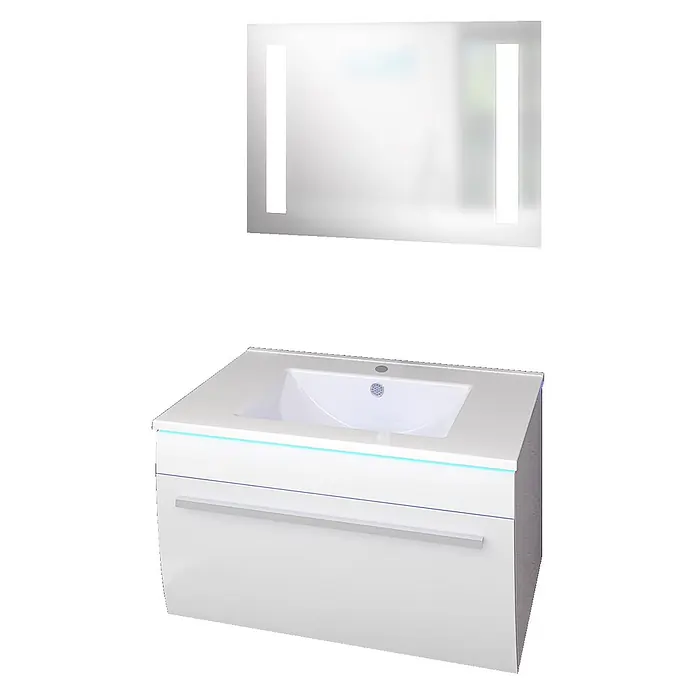 AcquaVapore Badmöbel-Set Fertigdusche Gently-3-B070-V1-F01-LSP0910070H - Gesamtbreite Badmöbel: 46 cm - Weißer Badunterschrank mit integriertem Waschbecken und Spiegel, mit LED-Beleuchtung. Moderne Badezimmermöbel.