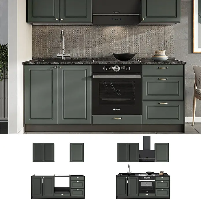 Vicco Singleküche - Breite: 190 cm, Grün-Gold Landhaus, Mit AP Marmor - Dunkelgrüne modulare Küchenzeile mit schwarzer Arbeitsplatte, Spüle, Backofen und Dunstabzugshaube.