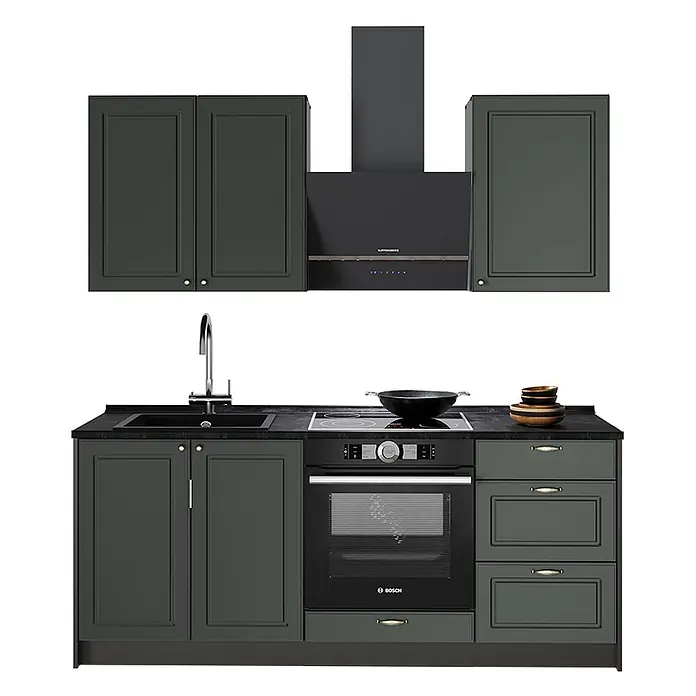 Vicco Singleküche - Breite: 190 cm, Grün-Gold Landhaus, Mit AP Marmor - Dunkelgrüne Küchenzeile mit schwarzer Arbeitsplatte, Spüle, Kochfeld, Backofen und passender Dunstabzugshaube. Mit Ober- und Unterschränken.