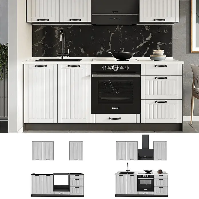 Vicco Singleküche - Breite: 190 cm, Weiß Landhaus, Mit AP Anthrazit - Weiße Küchenzeile mit weißer Arbeitsplatte, schwarzer Spüle und integriertem Ofen vor einer schwarzen Marmorrückwand.