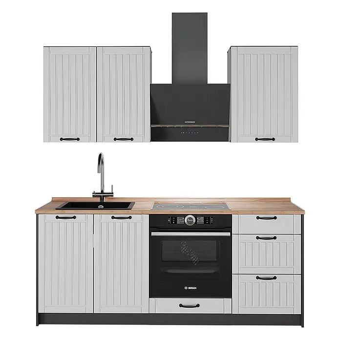 Vicco Singleküche - Breite: 190 cm, Weiß Landhaus, Mit AP Eiche - Moderne hellgraue Küche mit Holzplatte, schwarzer Spüle, Herd, Backofen und Dunstabzugshaube.