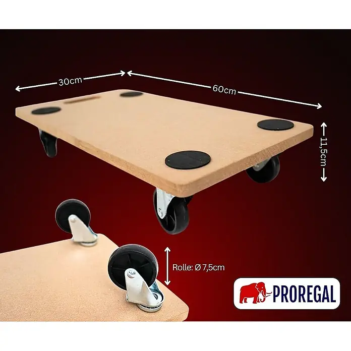 Proregal Transportroller HERCULES 2 Stück MDF Holzplatte - Traglast: 200 kg, Holz - Hölzernes Rollbrett mit vier Lenkrollen und Anti-Rutsch-Pads, 60x30cm, 11,5cm hoch, 7,5cm Raddurchmesser.
