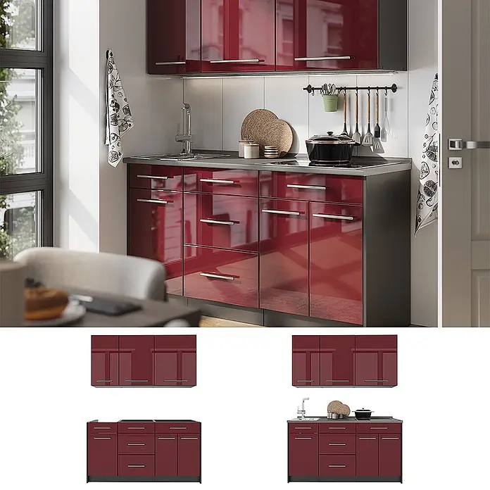Vicco Singleküche - Breite: 150 cm, Bordeaux Hochglanz, Mit AP Anthrazit - Moderne Küchenzeile mit hochglänzenden roten Schränken und dunkelgrauen Arbeitsplatten, Spüle und Kochfeld in hellem Raum.