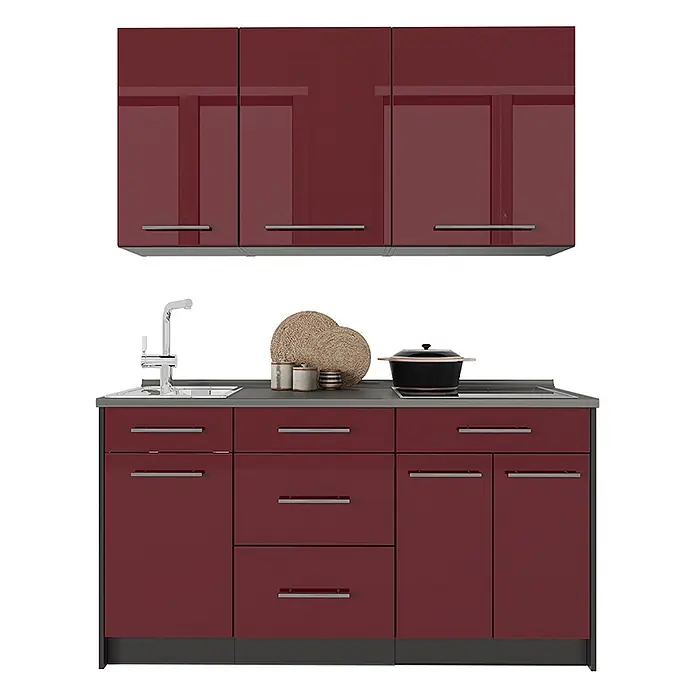Vicco Singleküche - Breite: 150 cm, Bordeaux Hochglanz, Mit AP Anthrazit - Hochglanz-Bordeaux-Küchenzeile mit Ober- und Unterschränken, Spüle und Kochfeld.