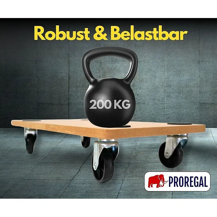 Proregal Transportroller HERCULES 2 Stück MDF Holzplatte - Traglast: 200 kg, Holz - Holz-Transportroller mit schwarzen Rollen, der einen 200 kg Kettlebell trägt, demonstriert Robustheit.