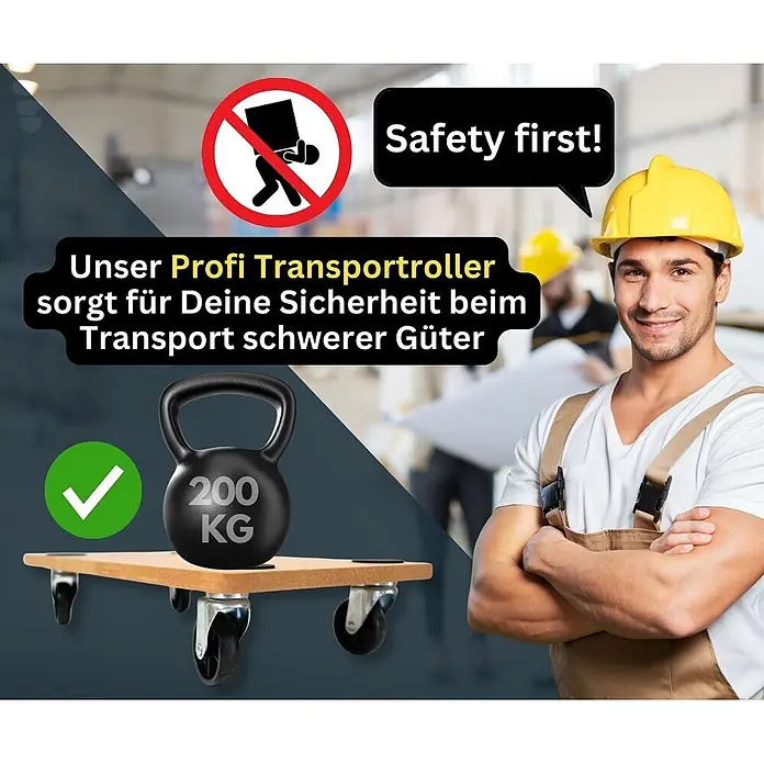 Proregal Transportroller HERCULES 2 Stück MDF Holzplatte - Traglast: 200 kg, Holz - Hölzerner Transportroller mit Rollen, der eine 200 kg Kettlebell trägt, demonstriert den Transport schwerer Güter.