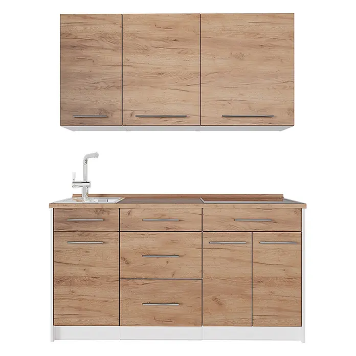 Vicco Singleküche - Breite: 150 cm, Goldkraft Eiche, Mit AP Eiche - Küche in heller Holzoptik mit Hängeschränken, Unterschrank, Spüle und Kochfeld.