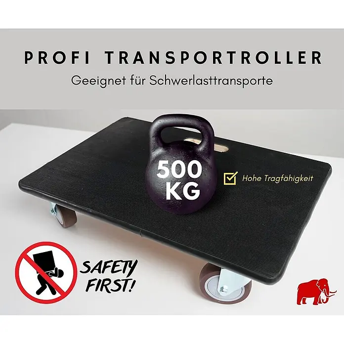 Proregal Transportroller HERCULES 10 Stück Sperrholzplatte mit Gummibelag - Traglast: 500 kg, Holz - Schwarzer Transportroller mit Rollen, geeignet für schwere Lasten bis 500 kg, mit hoher Tragfähigkeit und Sicherheitshinweisen.