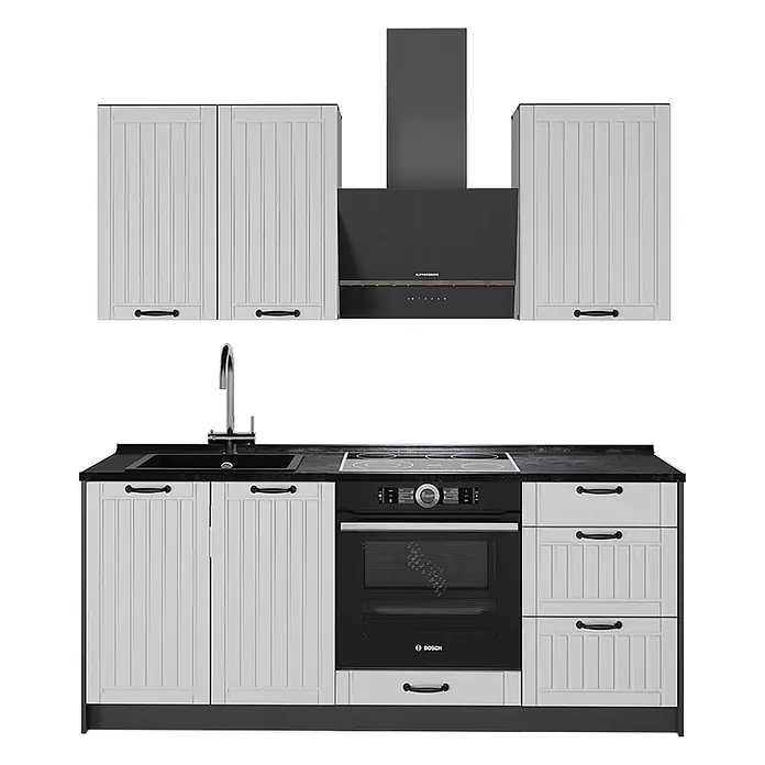 Vicco Singleküche - Breite: 190 cm, Weiß Landhaus, Mit AP Anthrazit - Modularer Küchenblock mit weißen Lamellenschränken, schwarzer Arbeitsplatte, Spüle, Kochfeld, Backofen und Dunstabzugshaube.