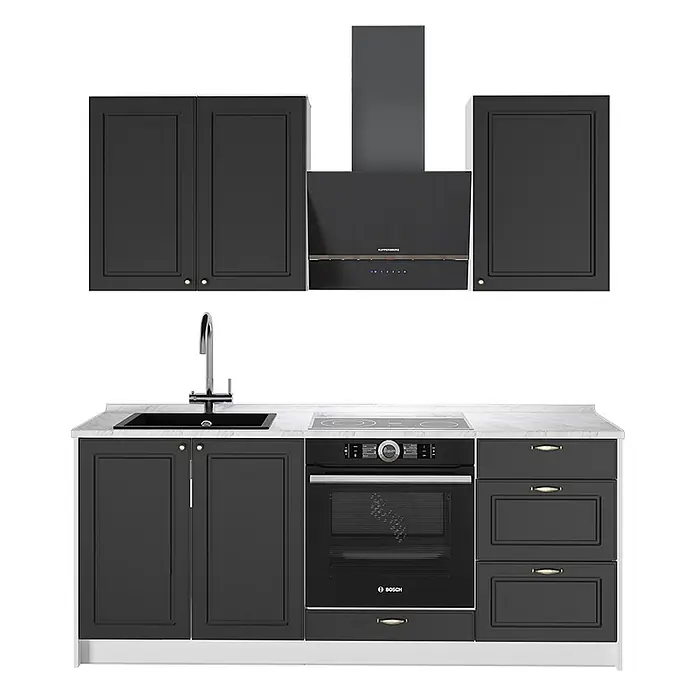 Vicco Singleküche - Breite: 190 cm, Anthrazit-Gold Landhaus, Mit AP Marmor - Eine dunkelgraue modulare Küche mit Ober- und Unterschränken, schwarzen Geräten, weißer Arbeitsplatte und Messinggriffen.