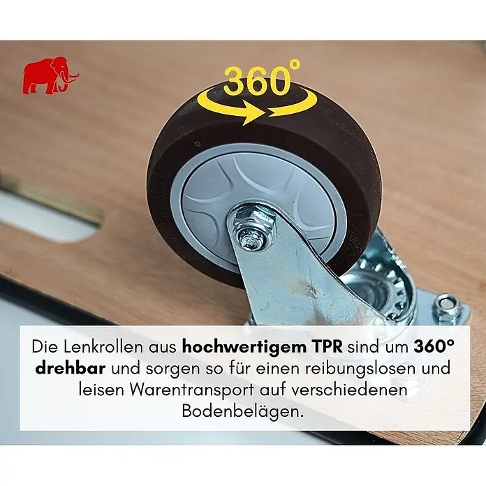 Proregal Transportroller HERCULES 10 Stück Sperrholzplatte mit Gummibelag - Traglast: 500 kg, Holz - Nahaufnahme einer dunklen TPR-Lenkrolle, die 360° drehbar ist für reibungslosen und leisen Transport.