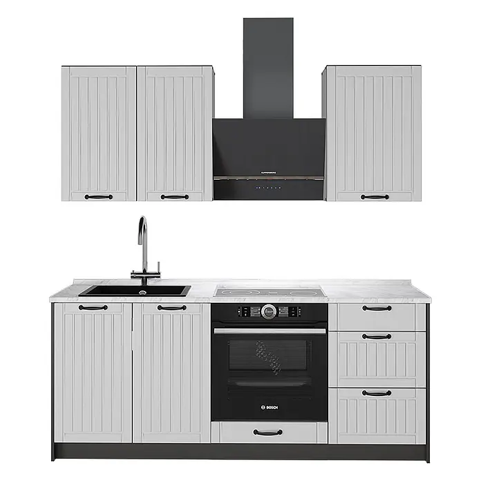 Vicco Singleküche - Breite: 190 cm, Weiß Landhaus, Mit AP Marmor - Hellgraue modulare Küche mit Paneeltüren, schwarzen Einbaugeräten und einer weißen Marmor-Arbeitsplatte.