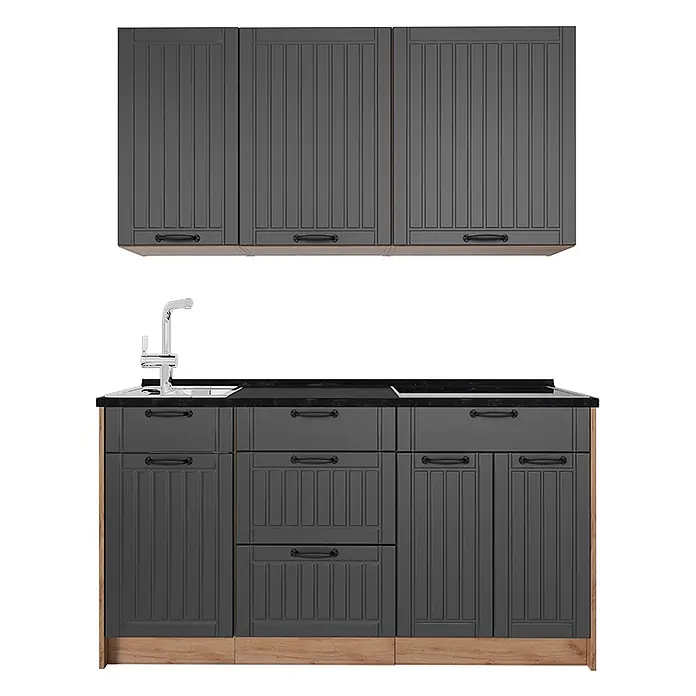 Vicco Singleküche - Breite: 150 cm, Dunkelgrau, Ohne AP - Dunkelgraue Küchenzeile mit schwarzer Arbeitsplatte, Holzsockel, Spüle und Kochfeld.