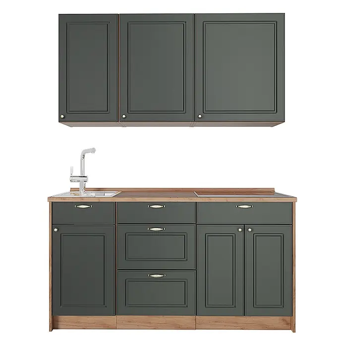 Vicco Singleküche - Breite: 150 cm, Grün-Gold Landhaus, Mit AP Eiche - Dunkelgraue Küchenschränke mit Holz-Arbeitsplatte, Spüle und Kochfeld.
