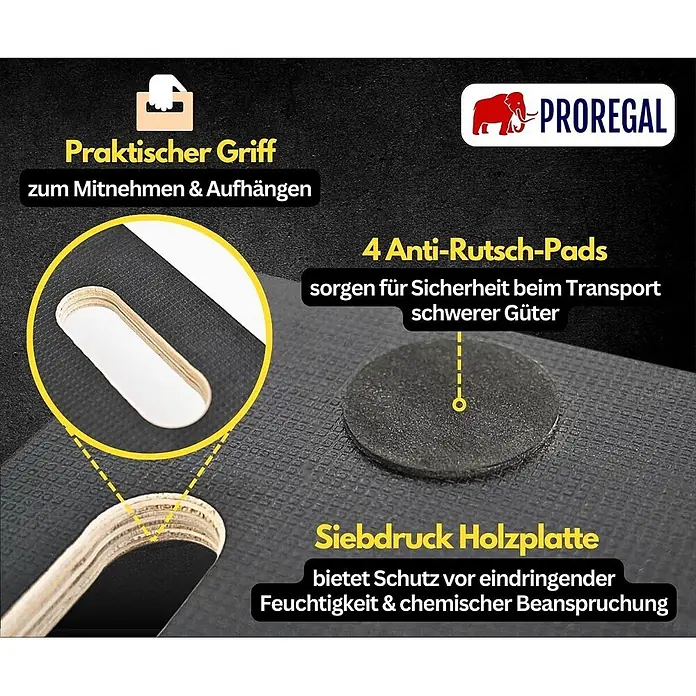 Proregal Transportroller HERCULES 10 Stück Siebdruck Holzplatte - Traglast: 200 kg, Holz - Holzplatte mit Griff, Anti-Rutsch-Pads und Siebdruckoberfläche für Transport und Schutz vor Feuchtigkeit/Chemikalien.