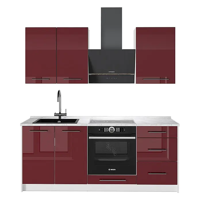 Vicco Singleküche - Bordeaux Hochglanz, Mit AP Marmor - Moderne Küche mit hochglänzenden weinroten Schränken, weißer Arbeitsplatte, schwarzer Spüle, Kochfeld, Backofen und Dunstabzugshaube.