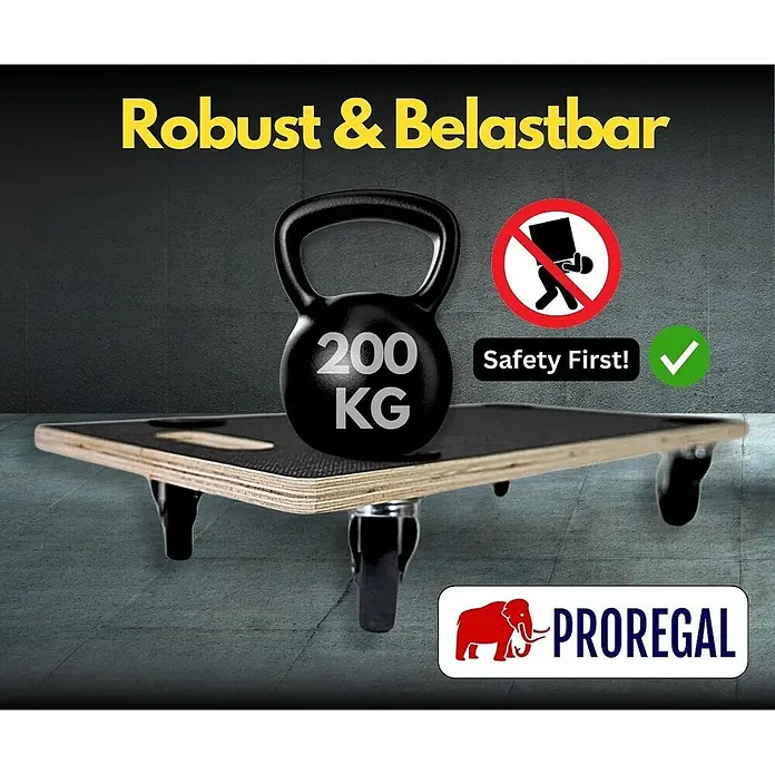 Proregal Transportroller HERCULES 10 Stück Siebdruck Holzplatte - Traglast: 200 kg, Holz - Hölzerner Transportroller mit schwarzen Rollen, der einen 200-kg-Kettlebell trägt, betont robuste Tragfähigkeit für einfachen Transport.