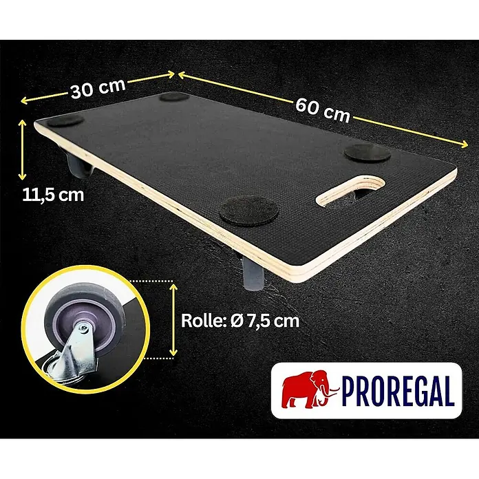 Proregal Transportroller HERCULES 10 Stück Siebdruck Holzplatte - Traglast: 200 kg, Holz - Schwarzes Transportbrett aus Holz mit Griff (60x30 cm), 11,5 cm hoch, mit Ø 7,5 cm Rollen zum einfachen Transport.