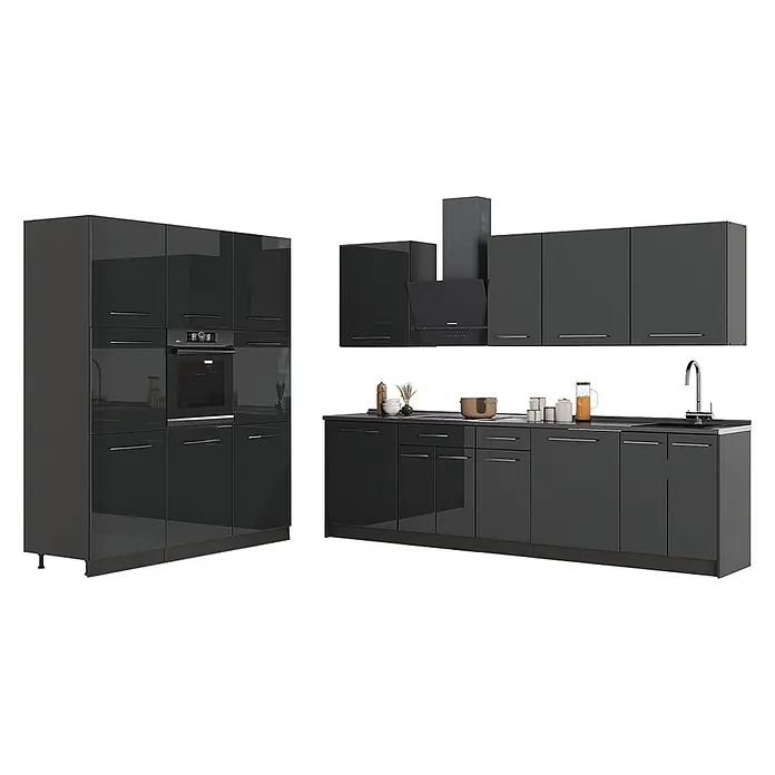 Vicco Küchenzeile - Anthrazit Hochglanz, Ohne Elektrogeräte - Moderne, dunkelgrau glänzende modulare Küche. Hochschränke mit Backofen, Unterschränke mit Spüle und Kochfeld, Hängeschränke und Dunstabzugshaube.