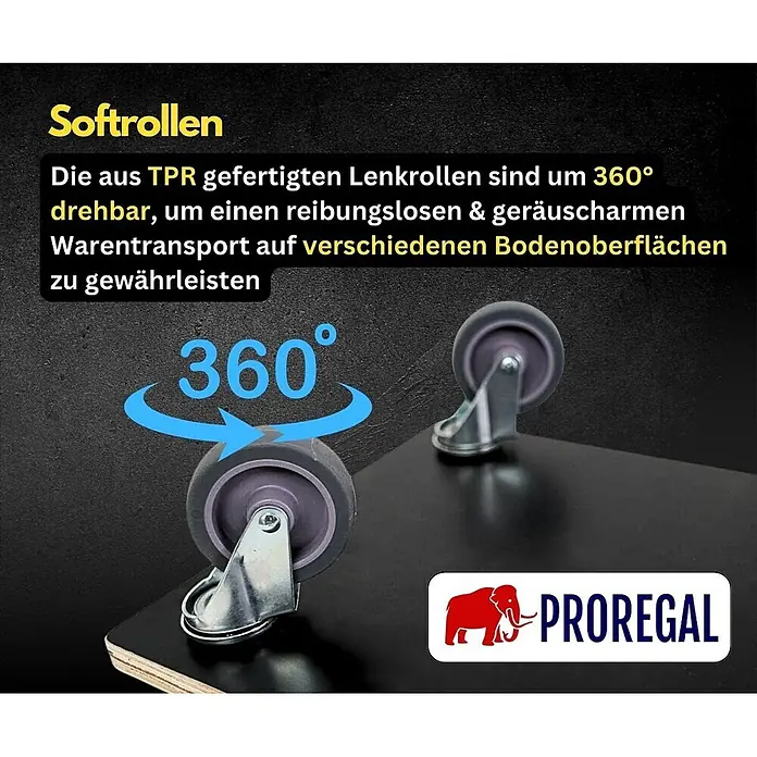 Proregal Transportroller HERCULES 10 Stück Siebdruck Holzplatte - Traglast: 200 kg, Holz - Weiche TPR Lenkrollen, 360° drehbar für reibungslosen, leisen Transport auf diversen Böden. PROREGAL Logo.