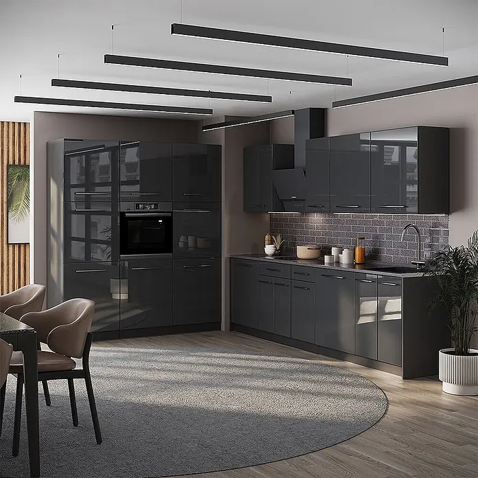 Vicco Küchenzeile - Anthrazit Hochglanz, Ohne Elektrogeräte - Dunkelgraue Hochglanz-Küchenschränke mit integriertem Backofen in modernem Design.