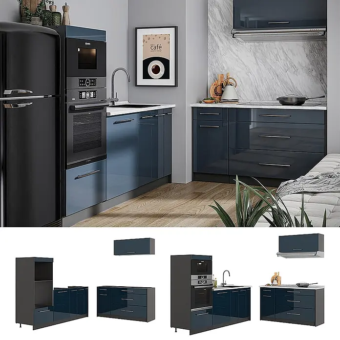 Vicco Küchenzeile - Breite: 340 cm, Dunkelblau Hochglanz, Ohne Elektrogeräte - Moderne Küche mit hochglänzenden dunkelblauen Schränken, integrierten Geräten (Backofen, Mikrowelle, Spüle) und elegantem Design.
