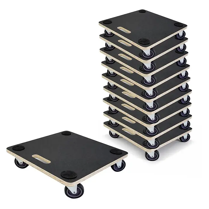 Proregal Transportroller HERCULES 10 Stück Siebdruckplatte - Traglast: 150 kg, Holz - Schwarze Anti-Rutsch-Transportroller mit Holzbasis und Rollen, einer separat und ein Stapel vieler.
